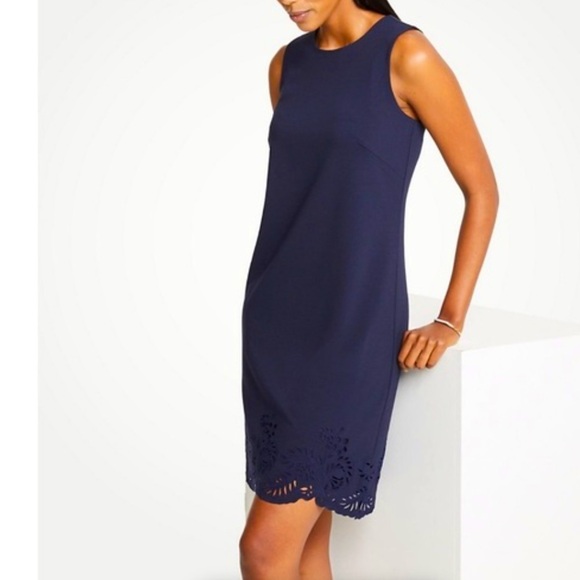 Ann Taylor Navy Laser Cut Scalloped Hem Shift Dress, size 2 - Picture 1 of 8